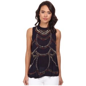 Free People Navy Blue Sleeveless Gauze Top with Beadwork and Open Back